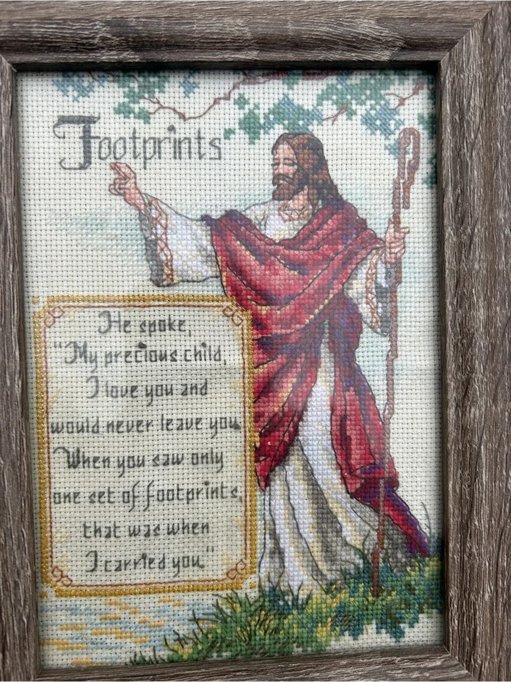Framed 'Footprints' Cross-Stitch Wall Art in Red and Cream